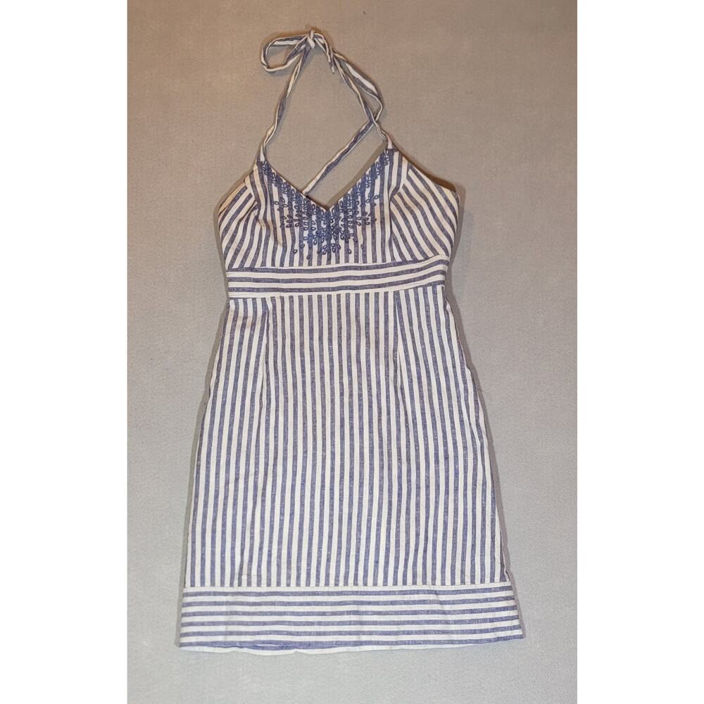 Vineyard Vines Blue White Striped Linen Halter Dress Embroidered Size 2